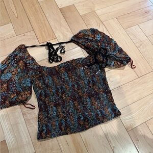 Free People Blue and Orange Smocked Tie Front Blouse